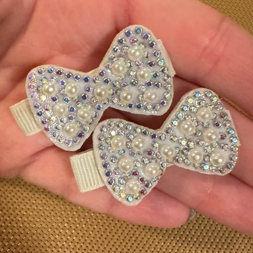 White Bow Hair Clips With Pearls And Rhinestones